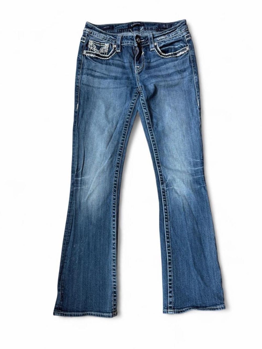Vigoss Denim Flared Jeans in Medium Blue Wash - Embroidery and Rhinestones